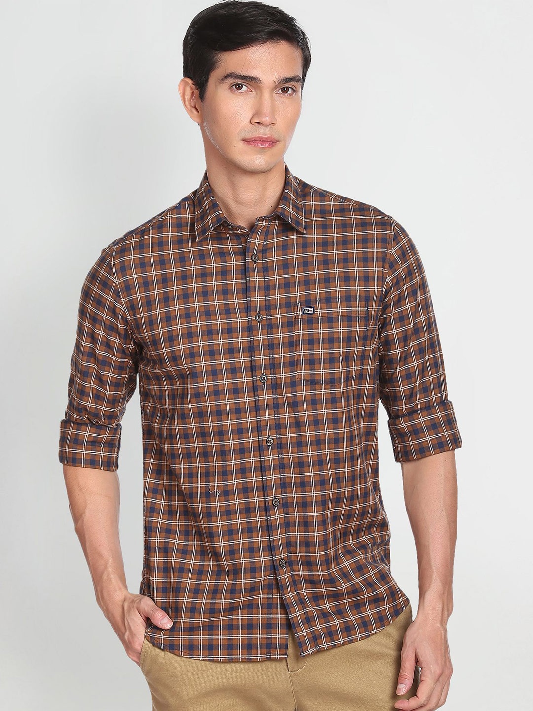 

Arrow Sport Checked Spread Collar Twill Pure Cotton Casual Shirt, Brown