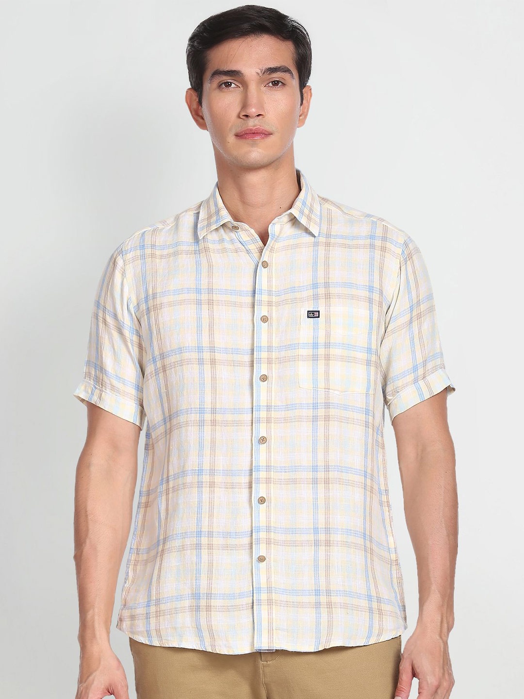

Arrow Sport Tartan Checked Spread Collar Pure Linen Casual Shirt, Beige