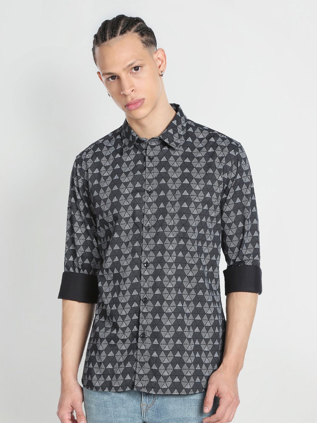 

Flying Machine Geometric Printed Long Sleeves Pure Cotton Casual Shirt, Black