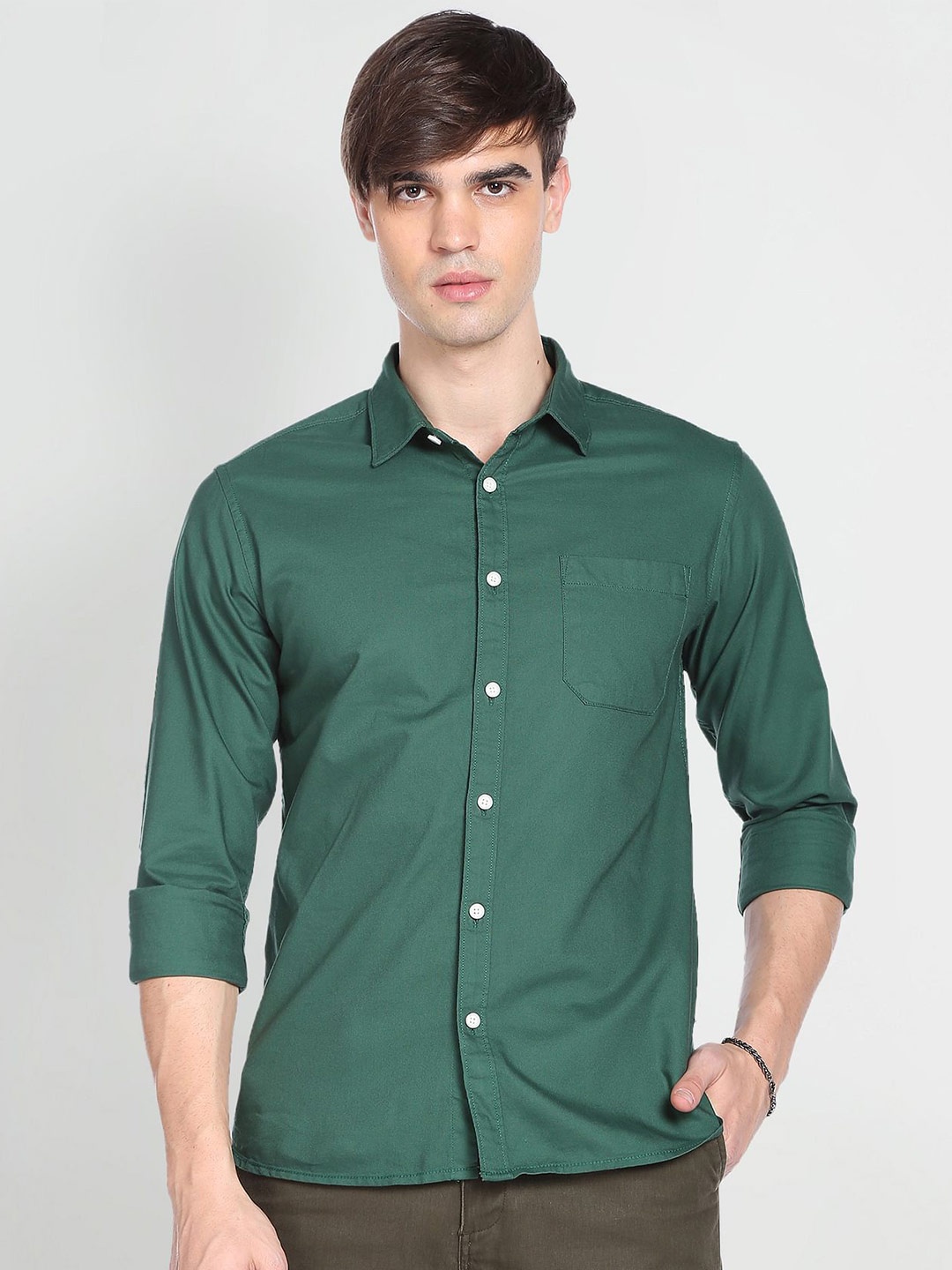 

Flying Machine Long Sleeves Pure Cotton Casual Shirt, Green