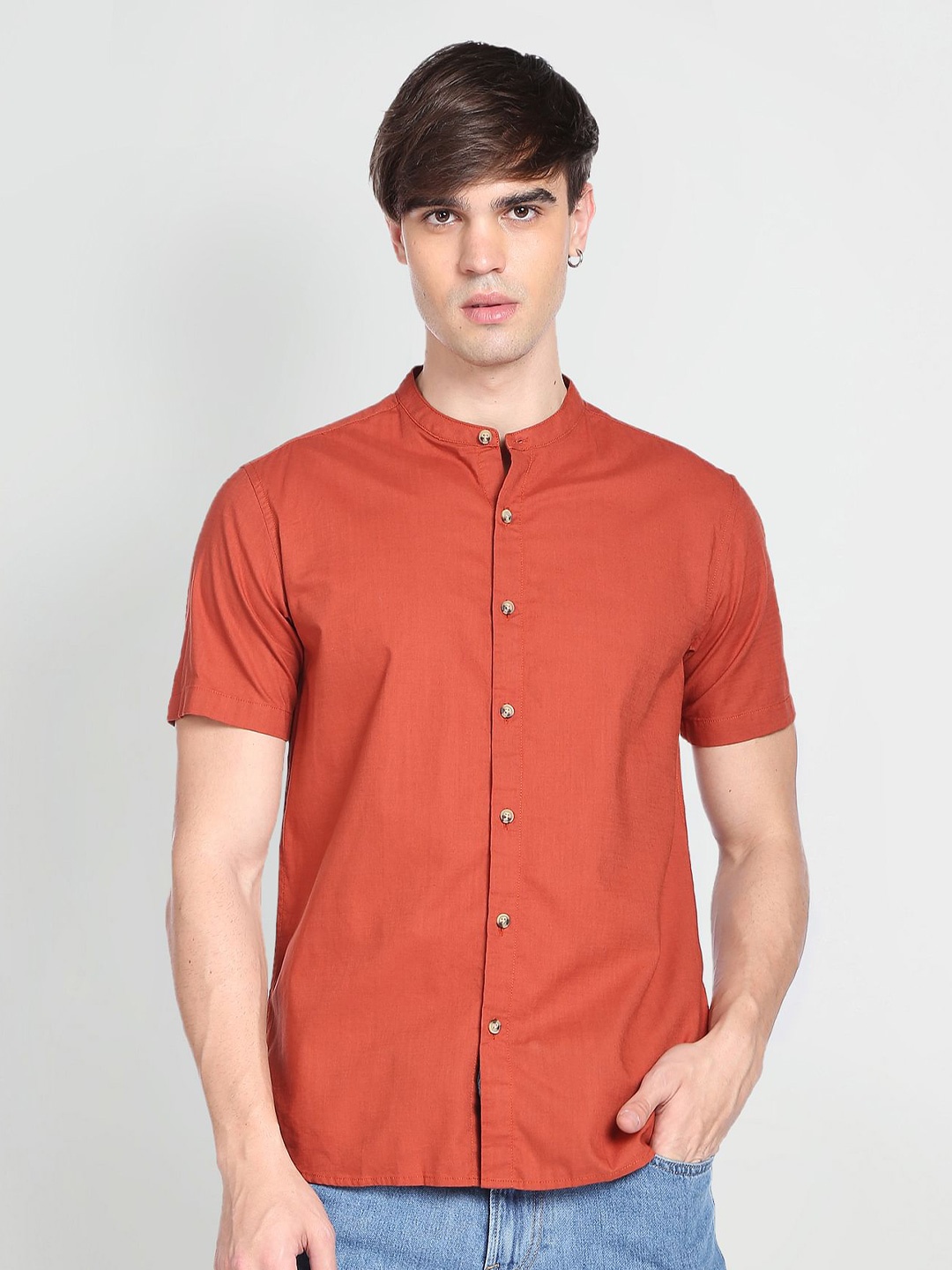 

Flying Machine Mandarin Collar Short Sleeves Pure Cotton Casual Shirt, Rust