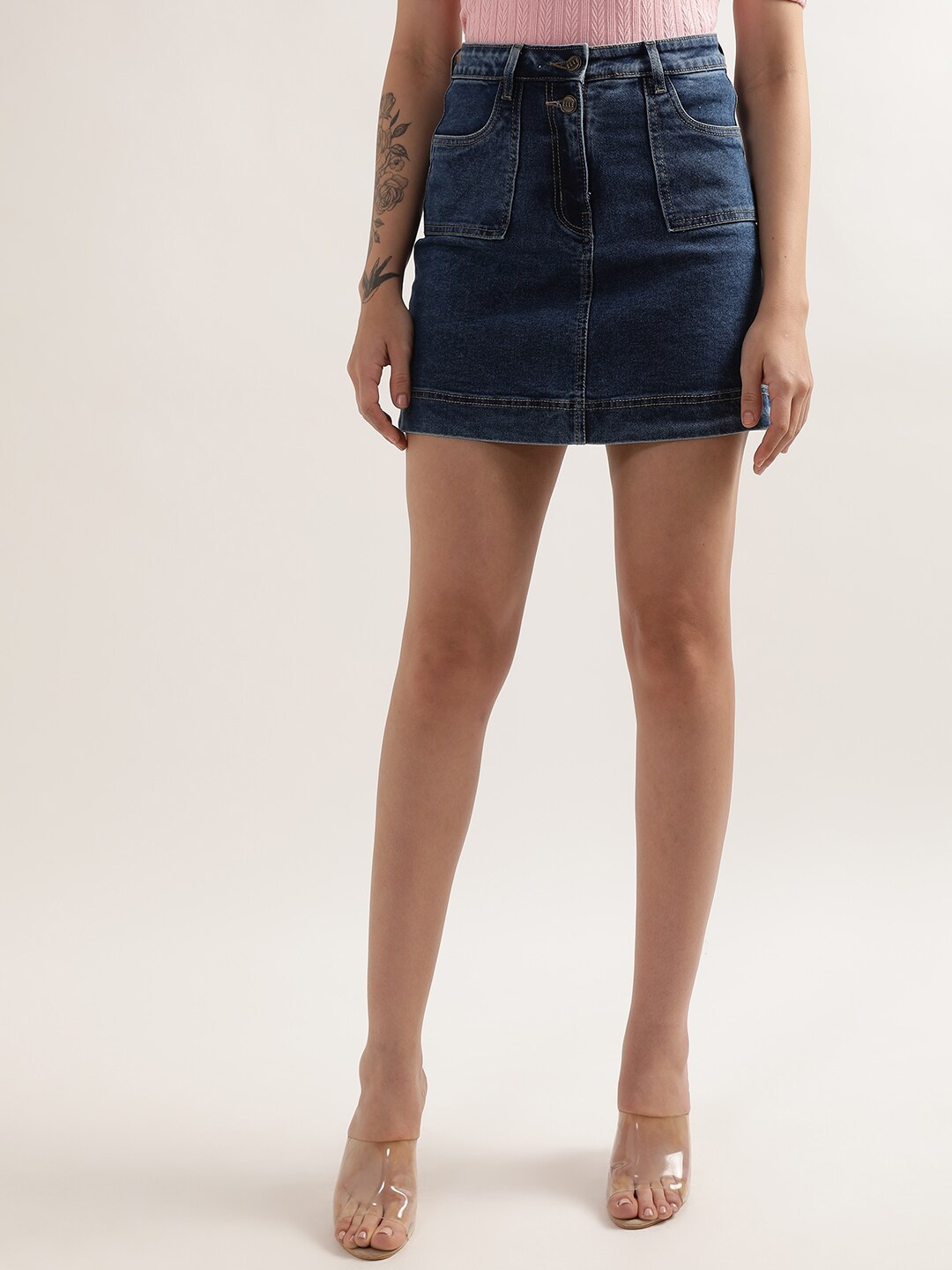 

ELLE Women Straight Mini Denim Skirt, Blue