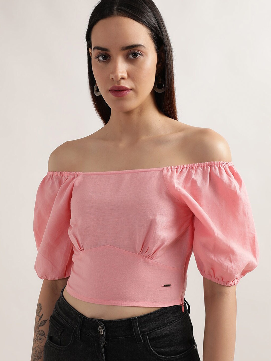 

ELLE Off-Shoulder Puff Sleeve Smocked Linen Bardot Crop Top, Pink