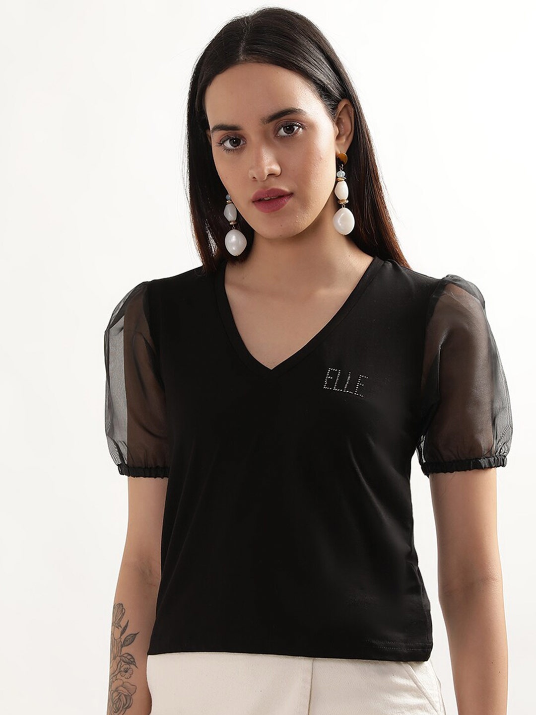 

ELLE V-Neck Puff Sleeves Pure Cotton T-shirt, Black