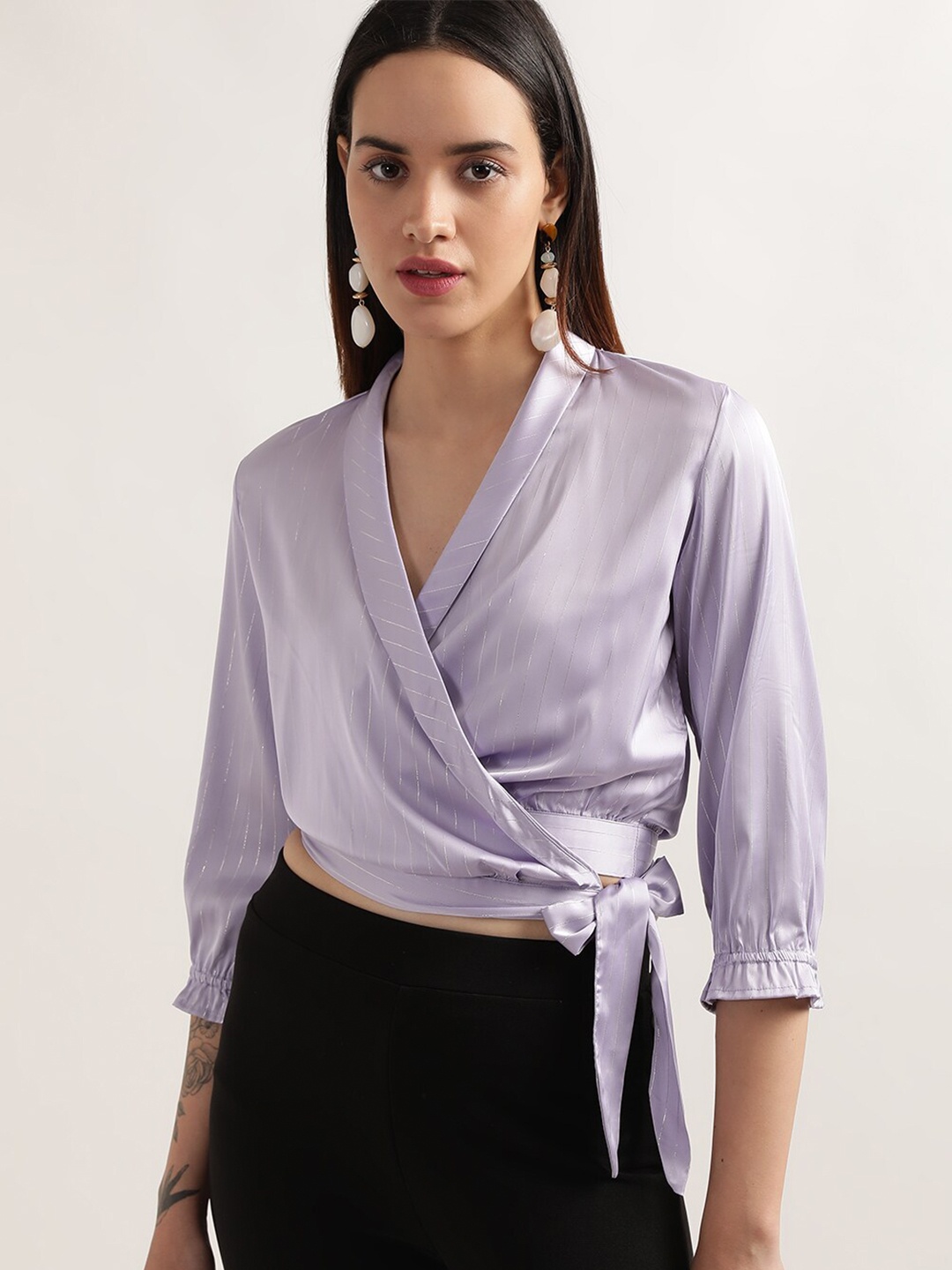 

ELLE Puff Sleeve Wrap Crop Top, Purple