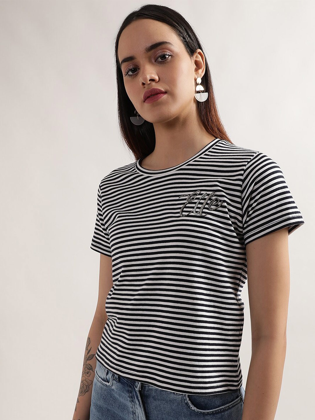 

ELLE Striped Monochrome Pure Cotton T-shirt, Black