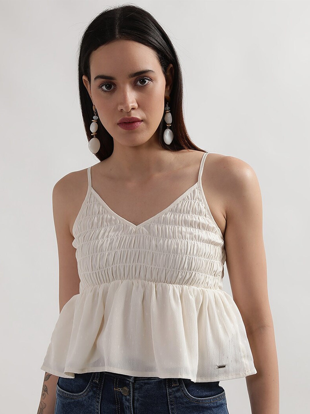 

ELLE Shoulder Strap Crop A-Line Top, Beige