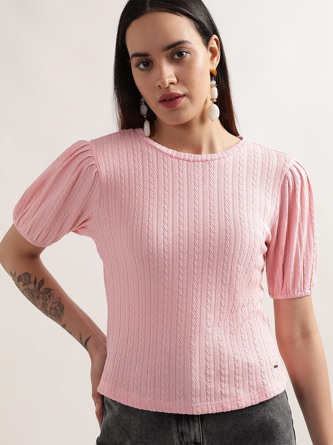 

ELLE Self Design Puff Sleeves Cotton Top, Pink
