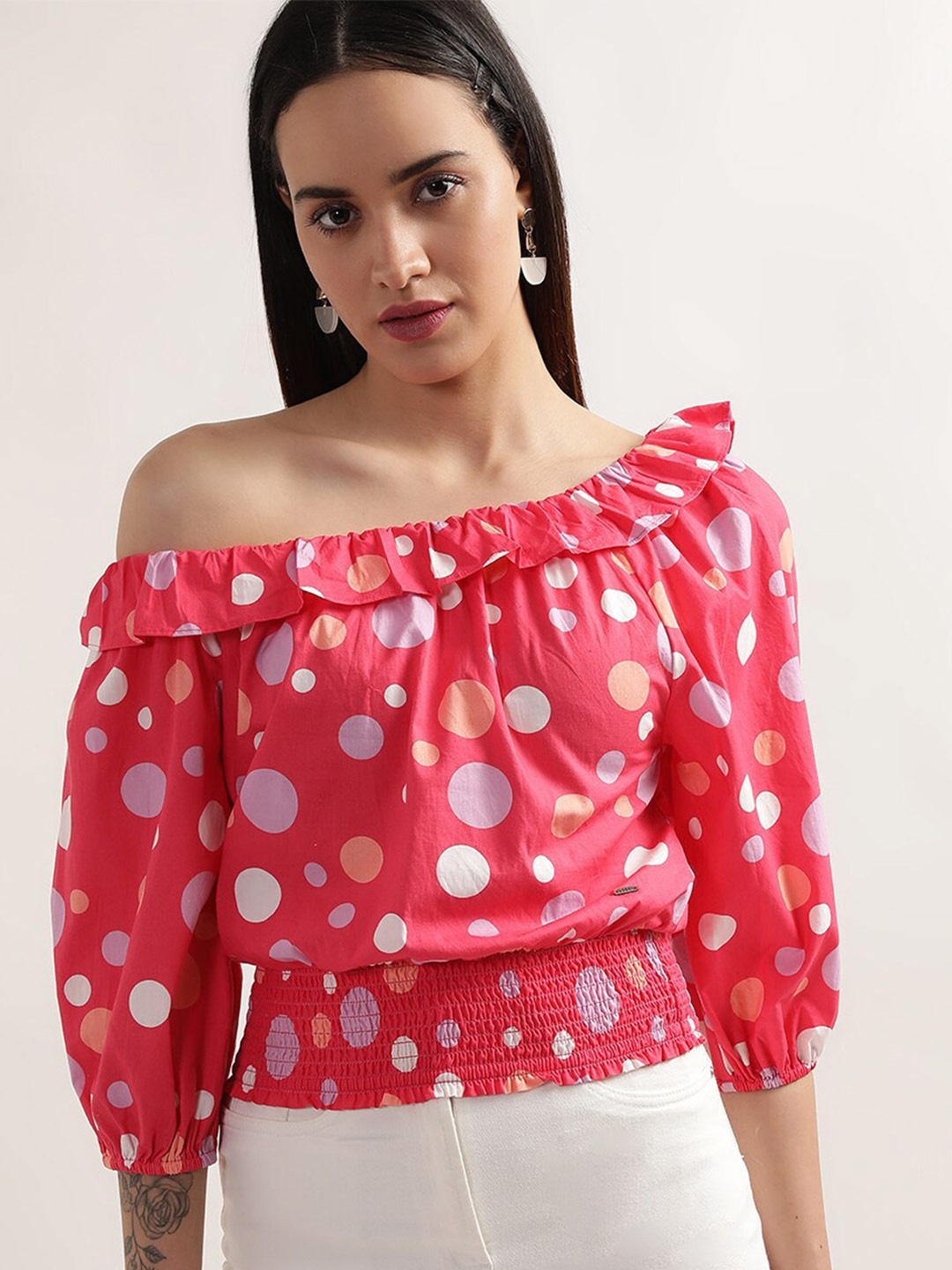 

ELLE Polka Dot Printed Off-Shoulder Puff Sleeves Cotton Blouson Top, Pink