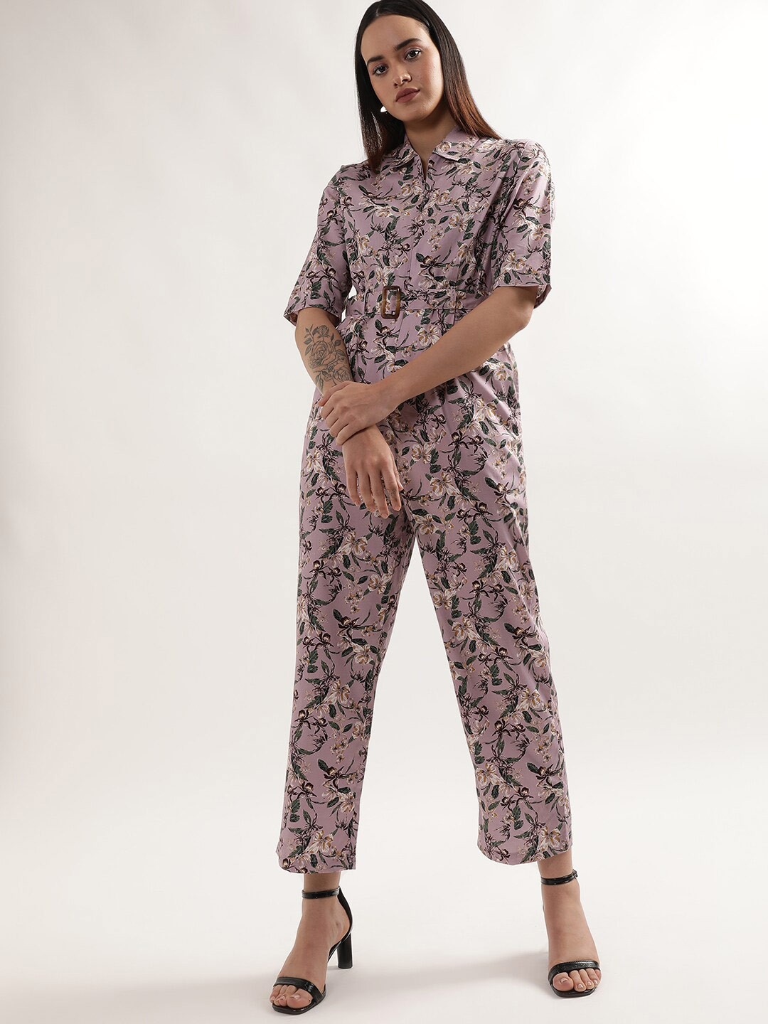 

ELLE Printed Shirt Collar Cotton Basic Jumpsuit, Mauve