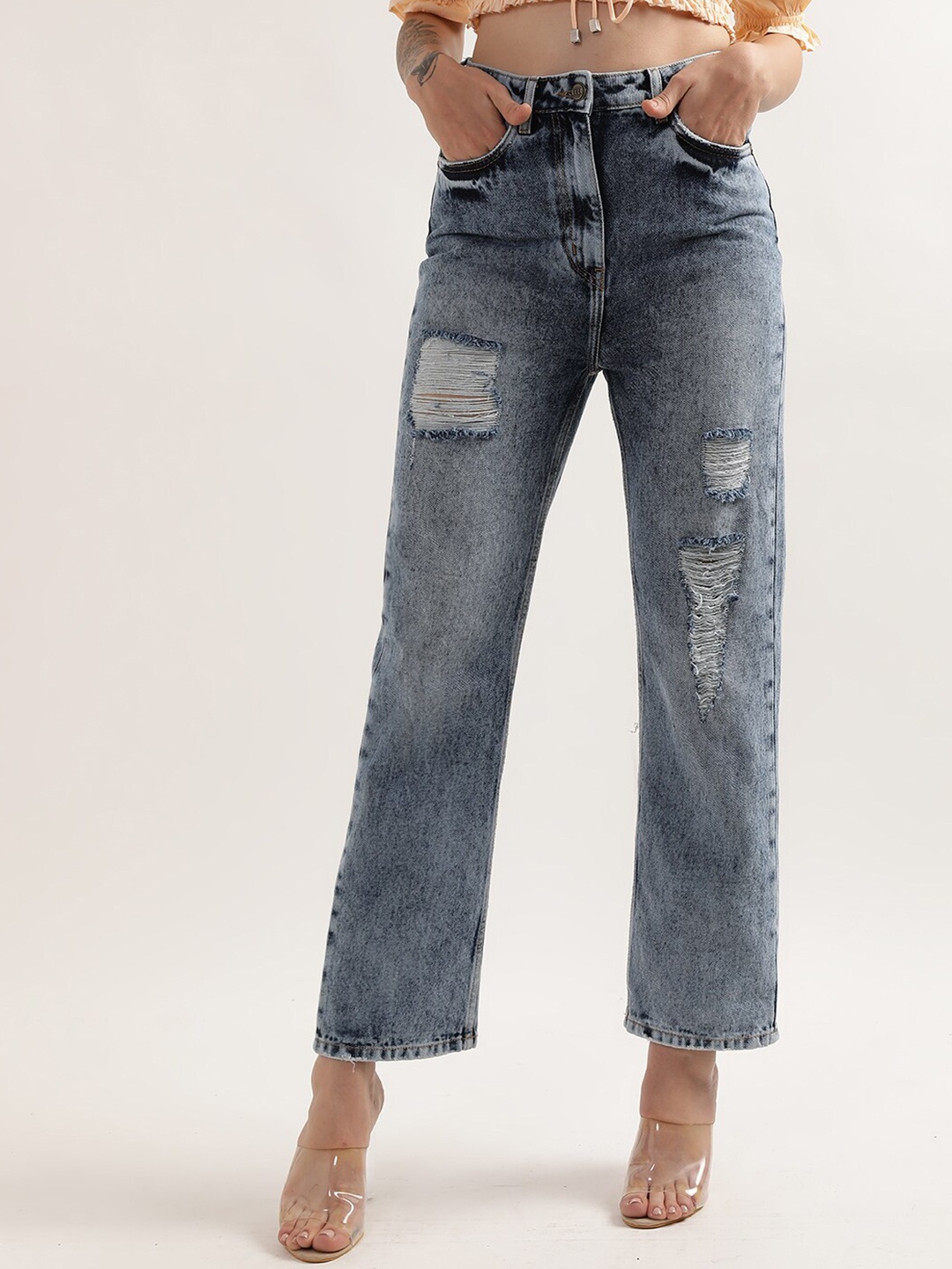 

ELLE Women High-Rise Mildly Distressed Heavy Fade Stretchable Cotton Jeans, Blue