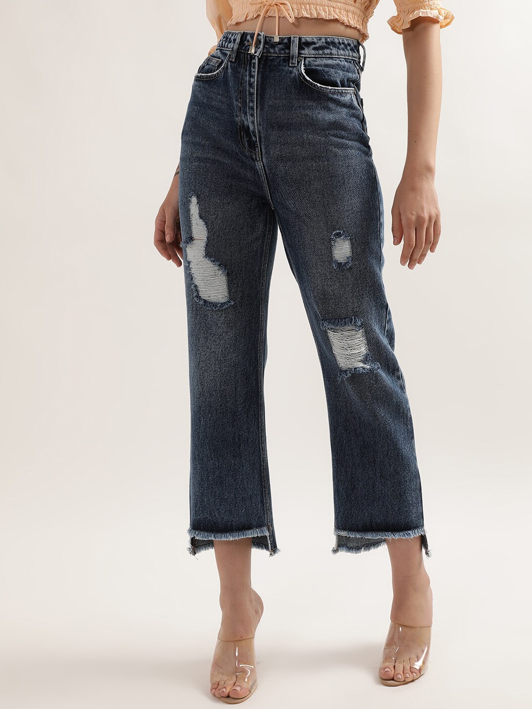 

ELLE Women Mildly Distressed Heavy Fade Cotton Jeans, Blue