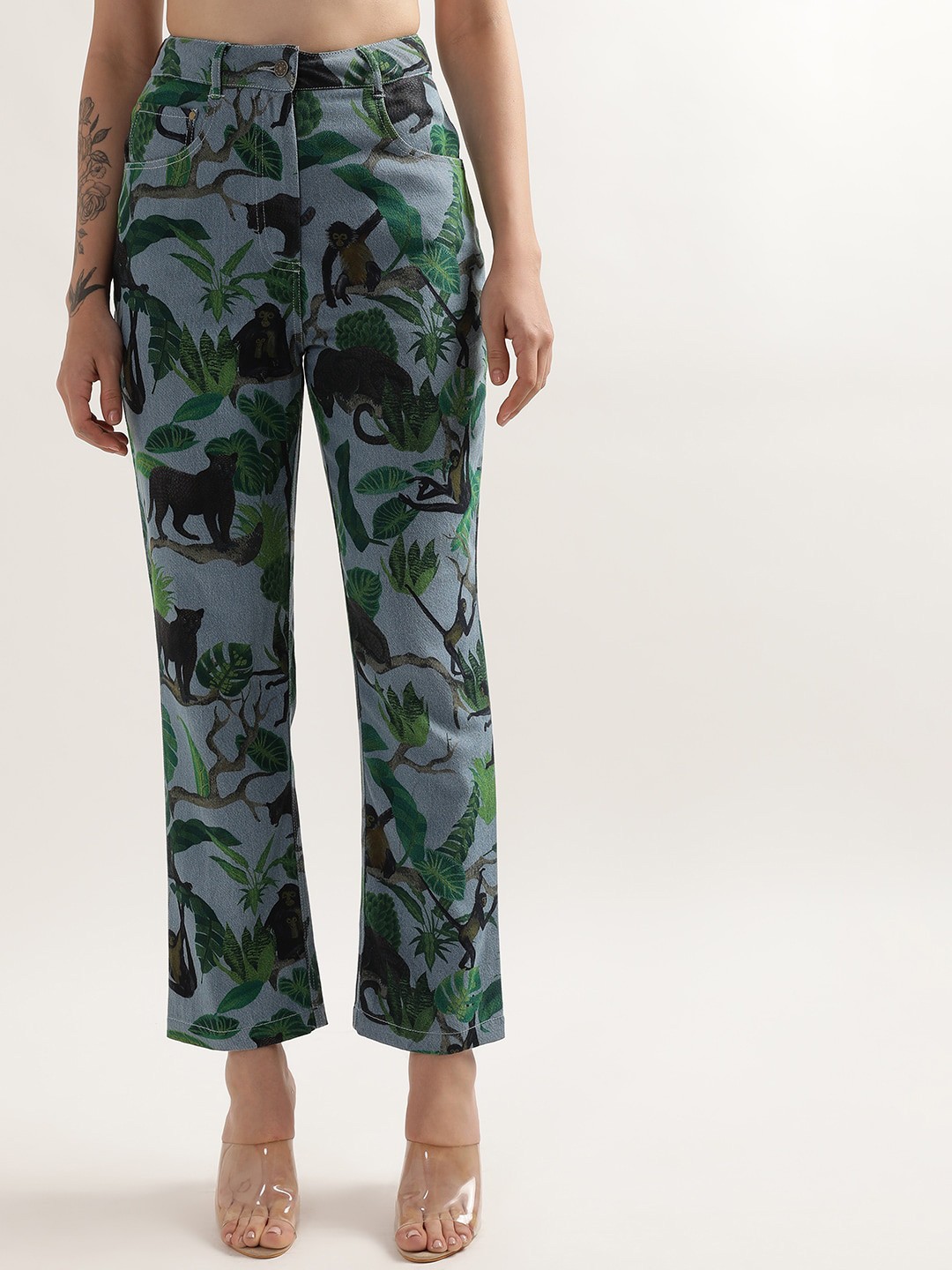 

ELLE Women Straight Fit High-Rise Printed Cropped Cotton Jeans, Blue