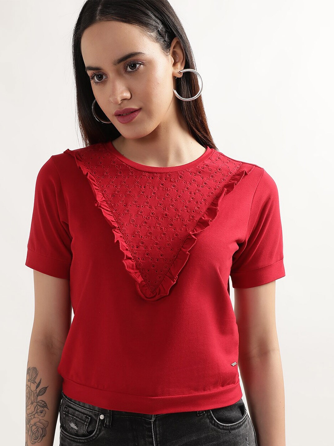 

ELLE Round Neck Schiflli Cotton Top, Red