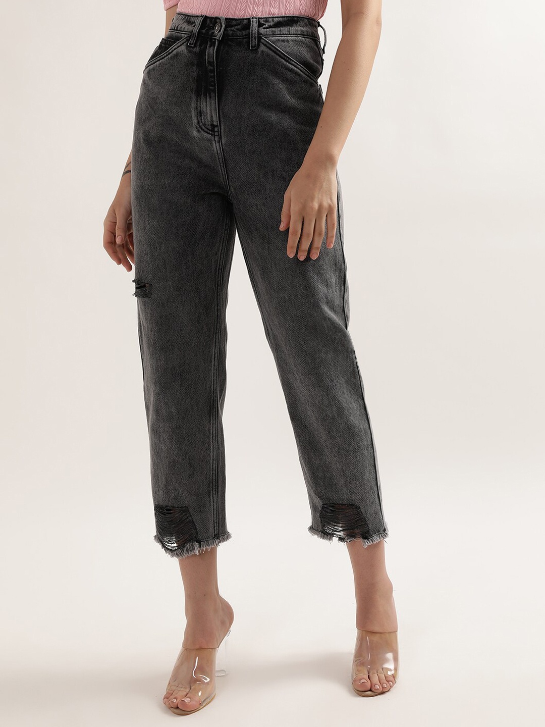 

ELLE Women High-Rise Heavy Fade Mildly Distressed Cropped Cotton Jeans, Grey