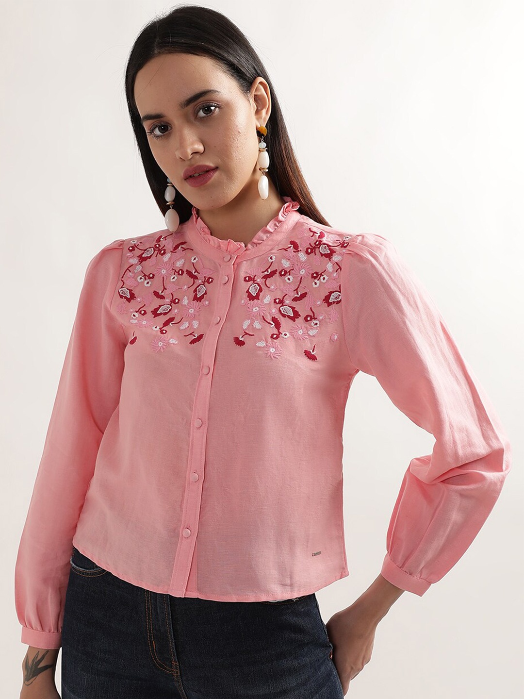 

ELLE Pink Floral Embroidered Puff Sleeves Linen Shirt Style Top