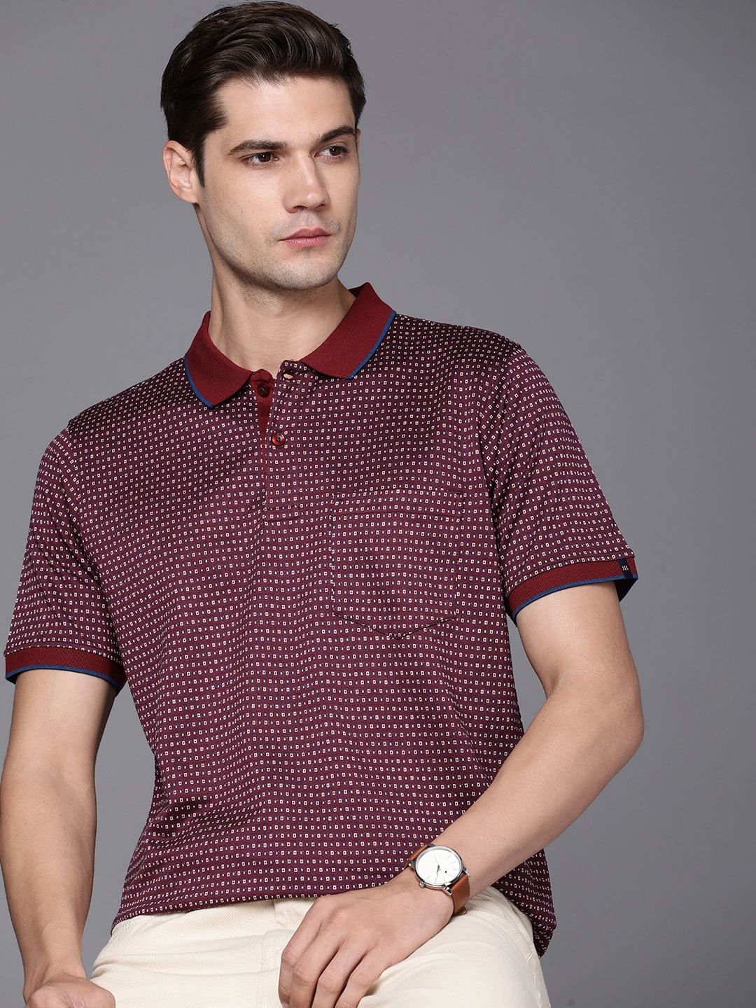 

Raymond Men Printed Polo Collar Pure Cotton T-shirt, Maroon