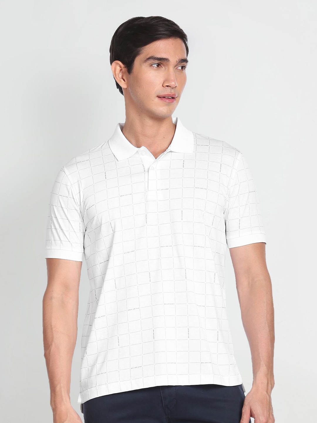 

Arrow New York Windowpane Checked Polo Collar Cotton T-Shirt, White