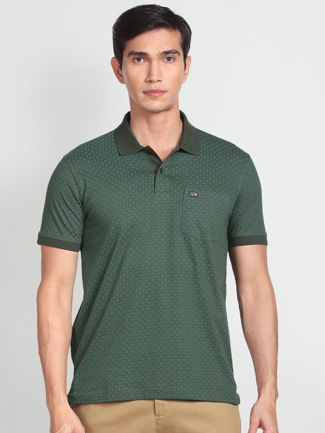 

Arrow Sport Geometric Printed Polo Collar Cotton Casual T-Shirt, Green