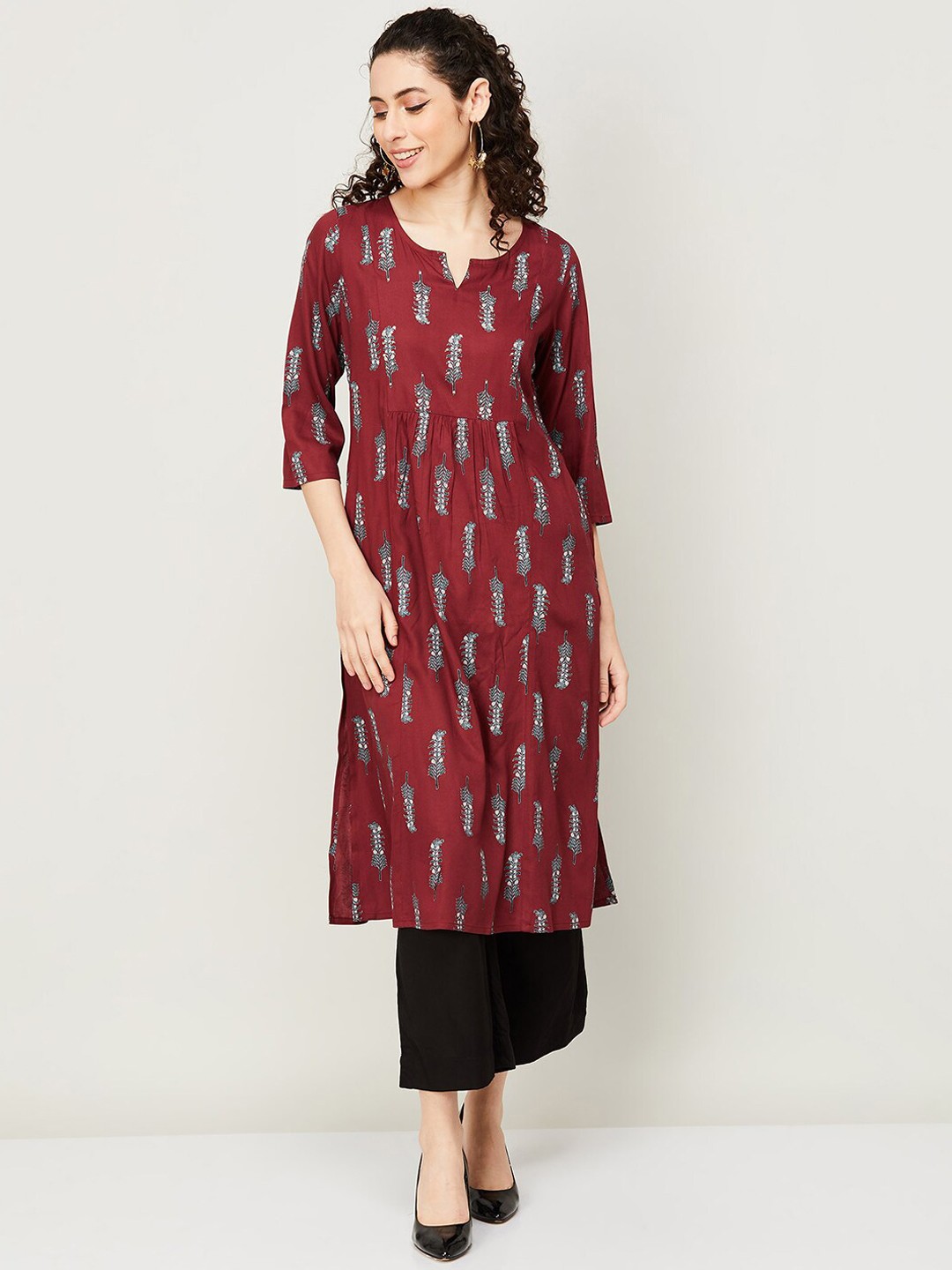 

Melange by Lifestyle Ethnic Motifs Printed Notched Neck Pleated Regular Kurta, Red