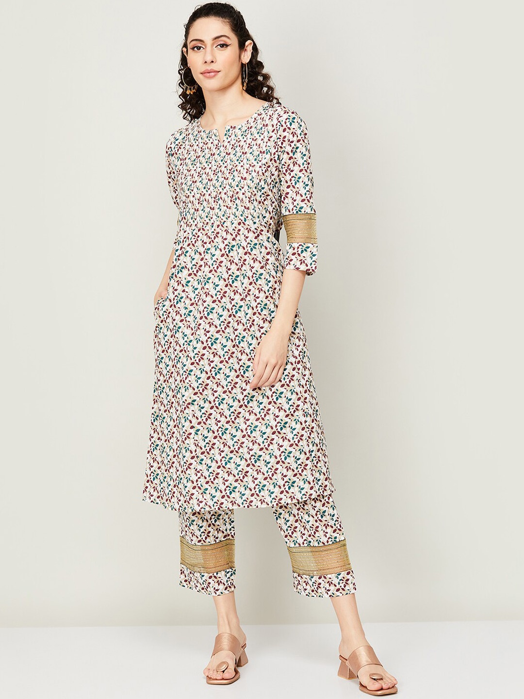 

Melange by Lifestyle Floral Printed Regular Pure Cotton Kurta with Trousers, Beige