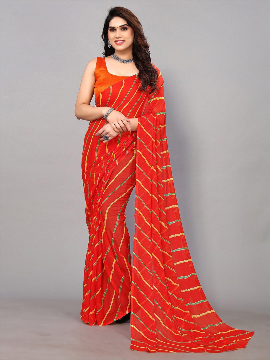 

KALINI Striped Pure Chiffon Saree, Orange