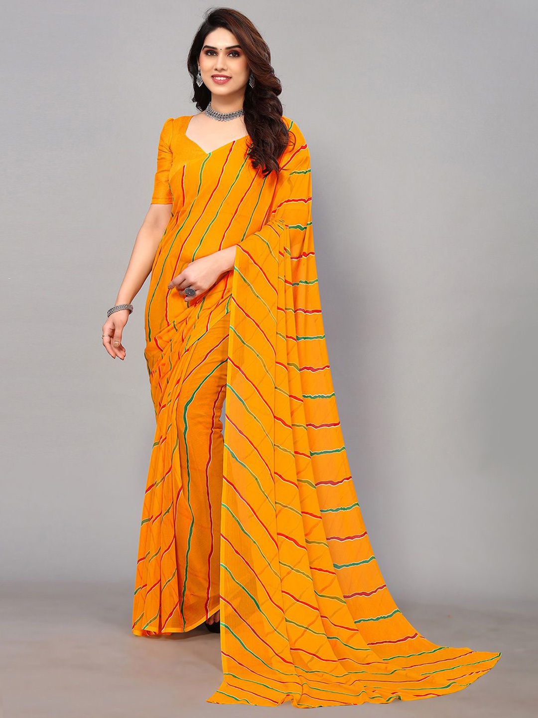

KALINI Striped Pure Chiffon Saree, Yellow