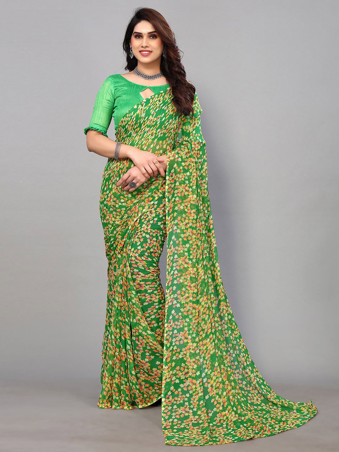 

KALINI Floral Printed Pure Chiffon Saree, Green