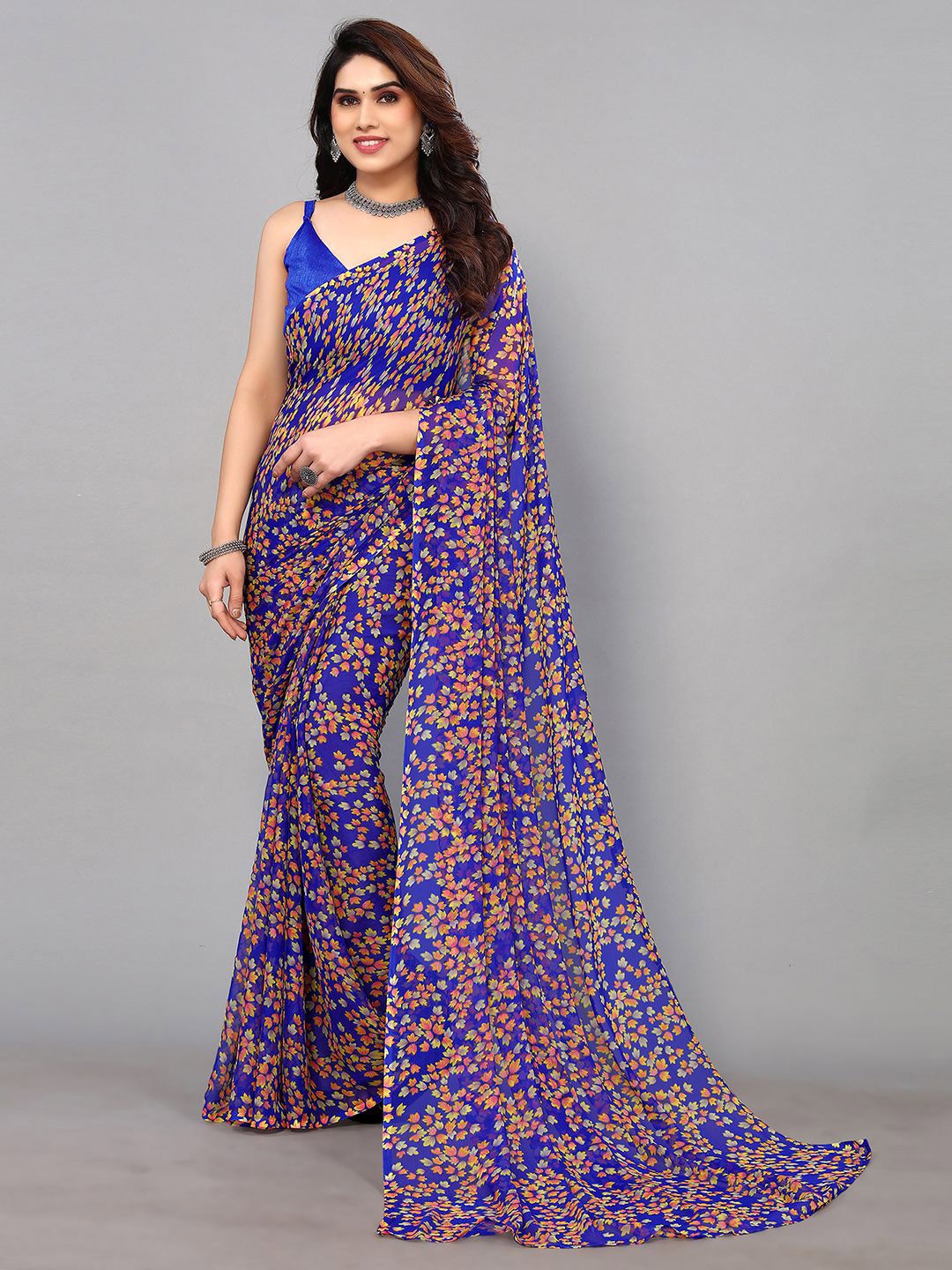 

KALINI Floral Printed Pure Chiffon Saree, Blue