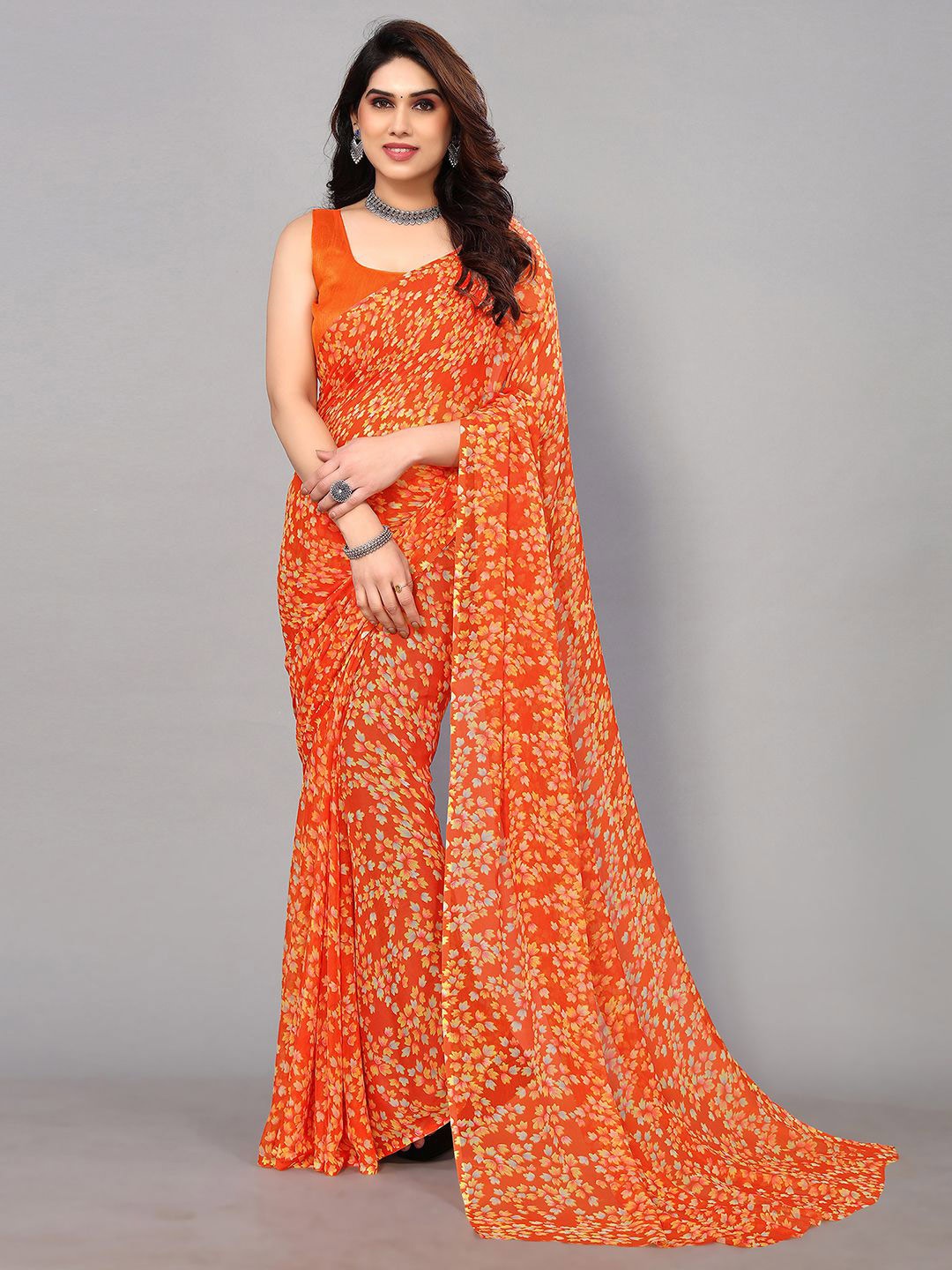 

KALINI Floral Printed Pure Chiffon Saree, Orange