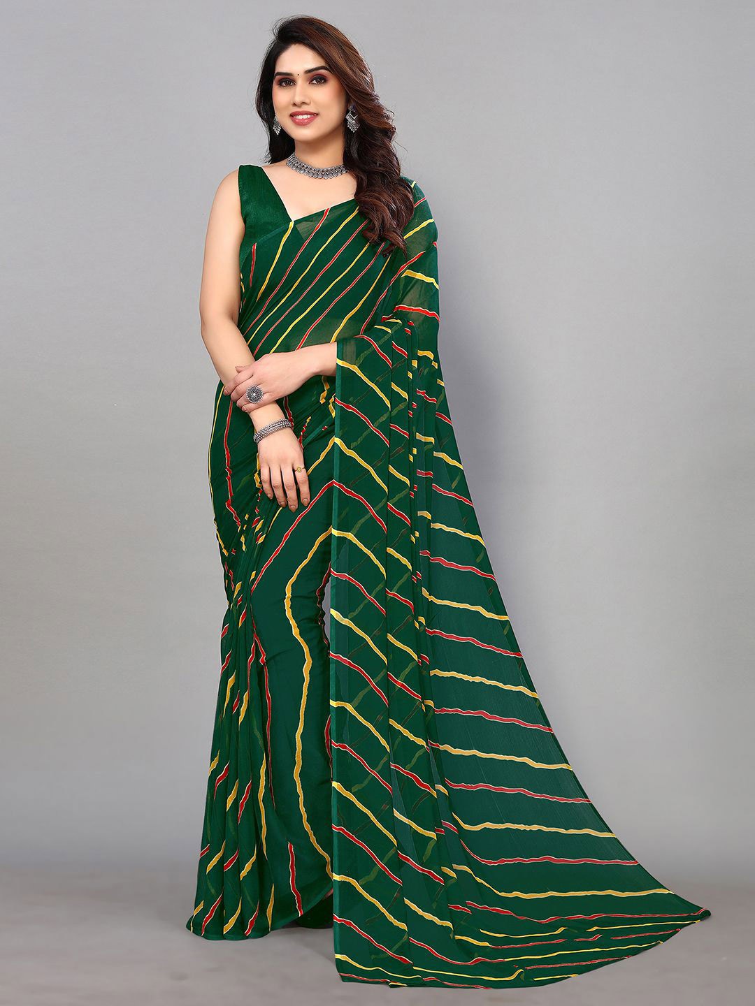 

KALINI Striped Pure Chiffon Saree, Green