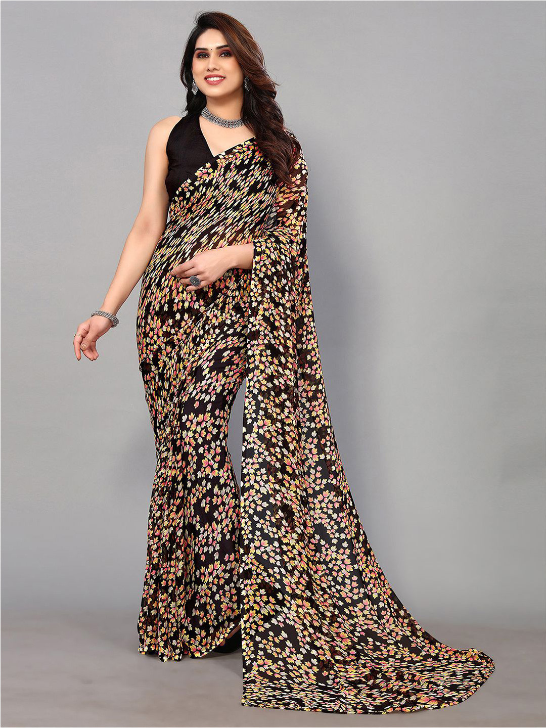 

KALINI Floral Printed Pure Chiffon Saree, Black