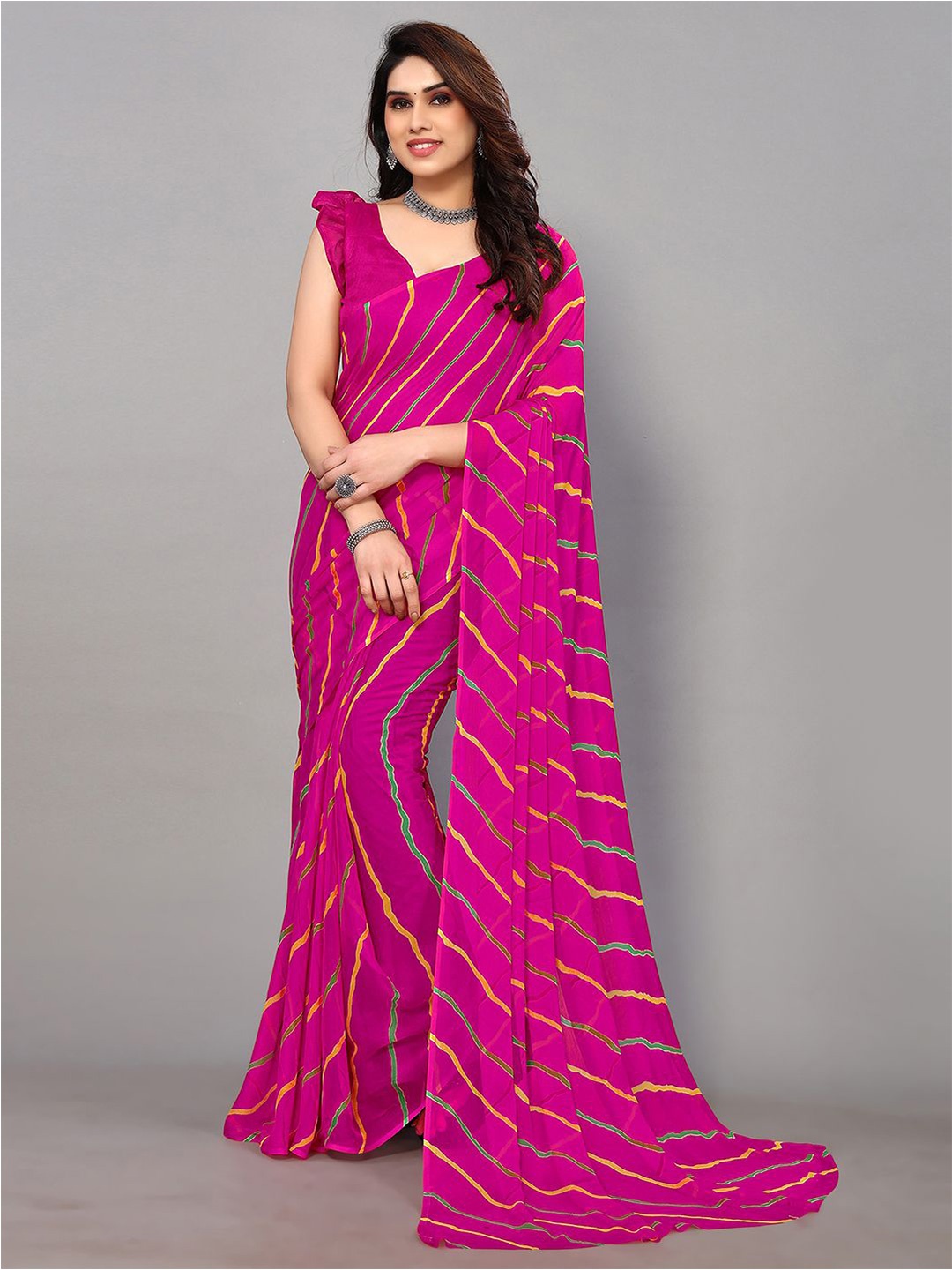 

KALINI Striped Pure Chiffon Saree, Pink