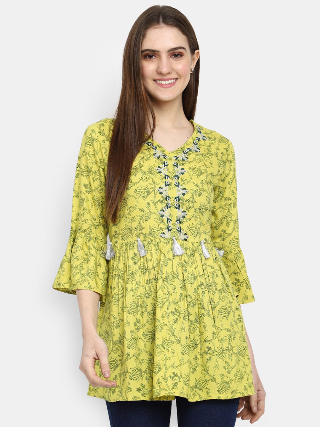 

V-Mart Floral Printed V-Neck Pleated Kurti, Green