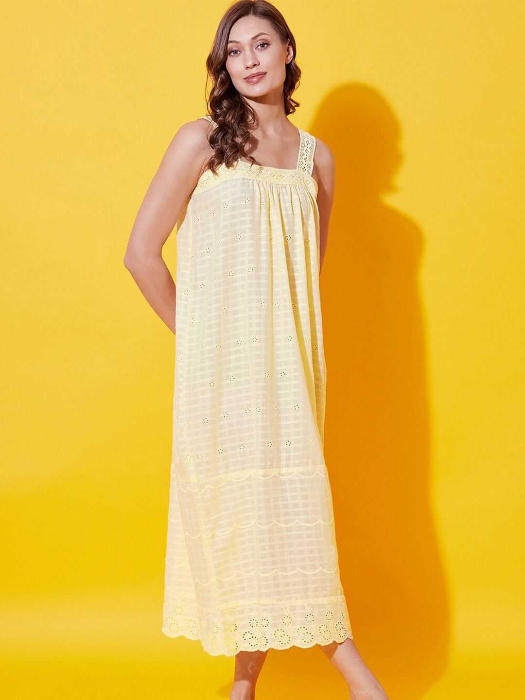 

The Kaftan Company Checked Pure Cotton Nightdress, Yellow