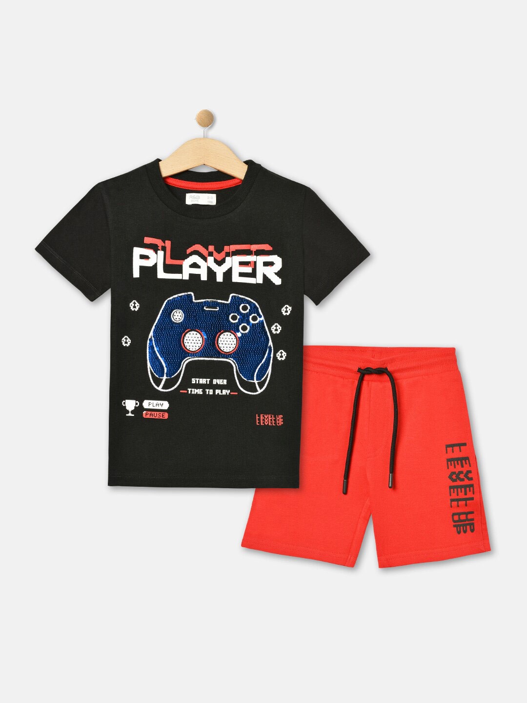 

R&B Boys Printed Pure Cotton T-shirt with Shorts Set, Black