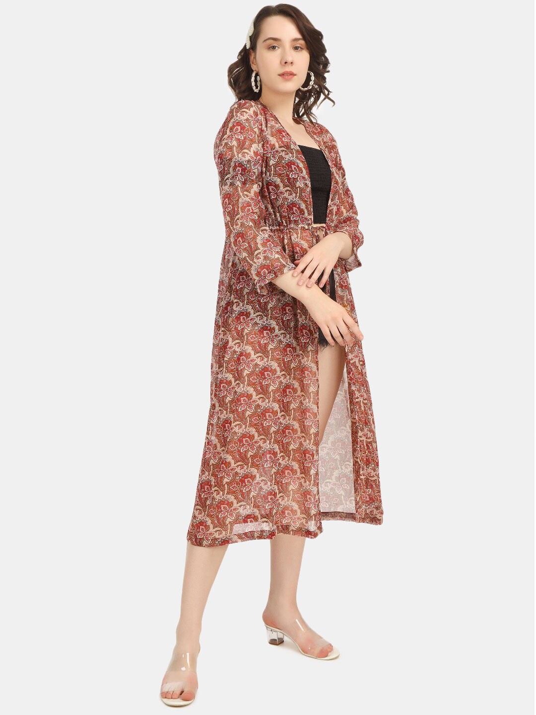 

angloindu Floral Printed Tie-Up Swimwear Cover-Up Top, Maroon
