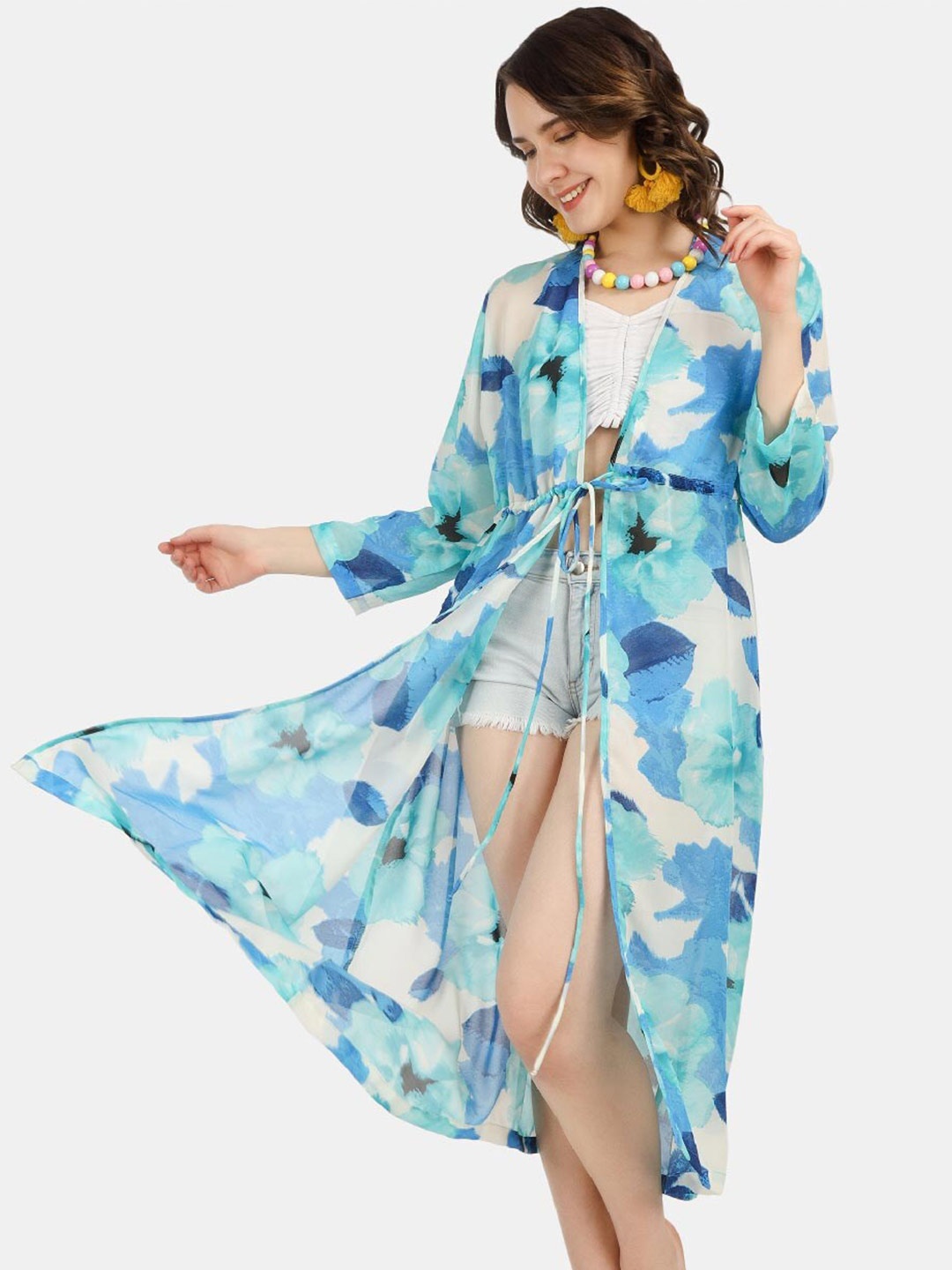 

angloindu Printed Longline Tie-Up Shrug, Blue