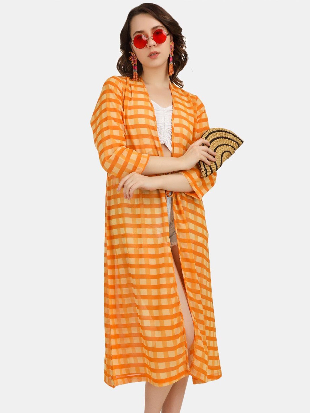 

angloindu Checked Longline Tie-Up Shrug, Orange