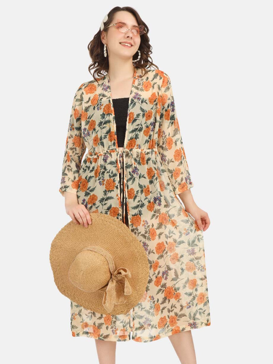 

angloindu Printed Longline Tie-Up Shrug, Yellow