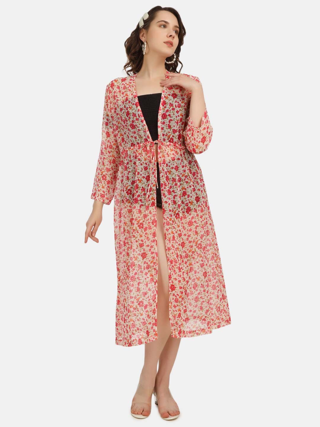 

angloindu Floral Printed Tie-Up Swimwear Cover-Up Top, Pink