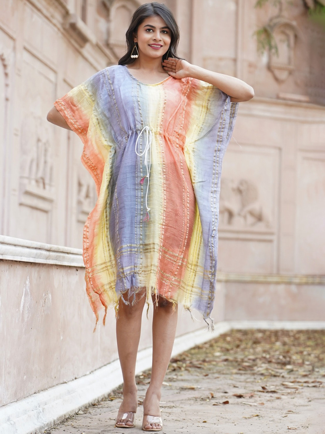 

Kesarya Colourblocked Waist Tie-Ups Cotton Kaftan Dress, Yellow