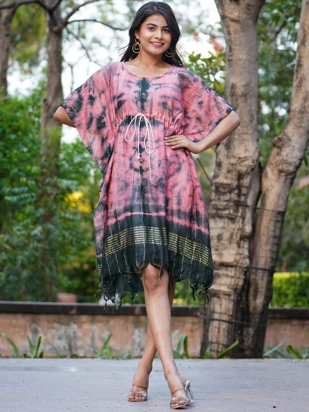 

Kesarya Dyed Kimono Sleeves Zari Pure Cotton Kaftan Kurta, Pink