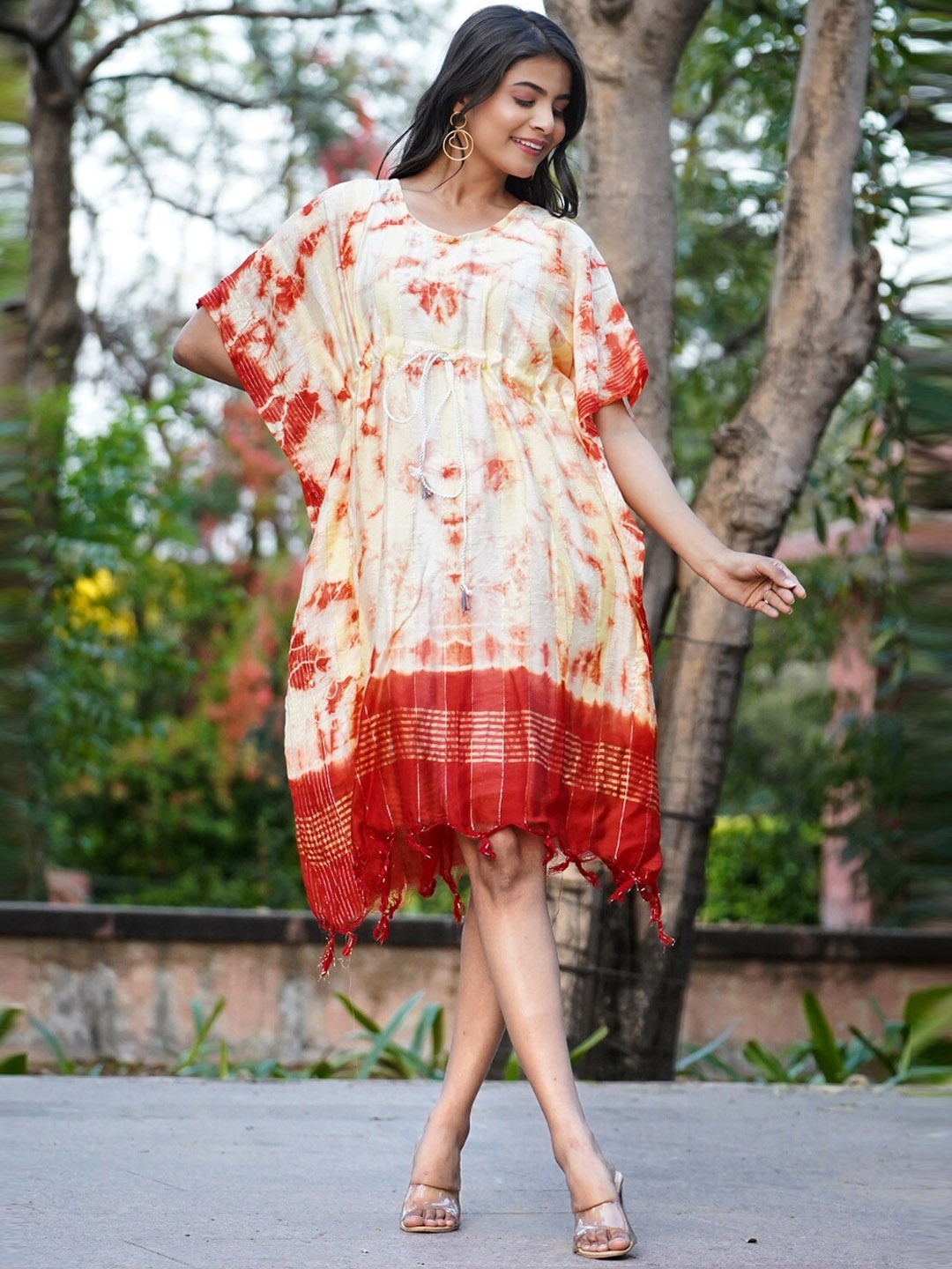 

Kesarya Dyed Kimono Sleeves Zari Pure Cotton Kaftan Kurta, Cream