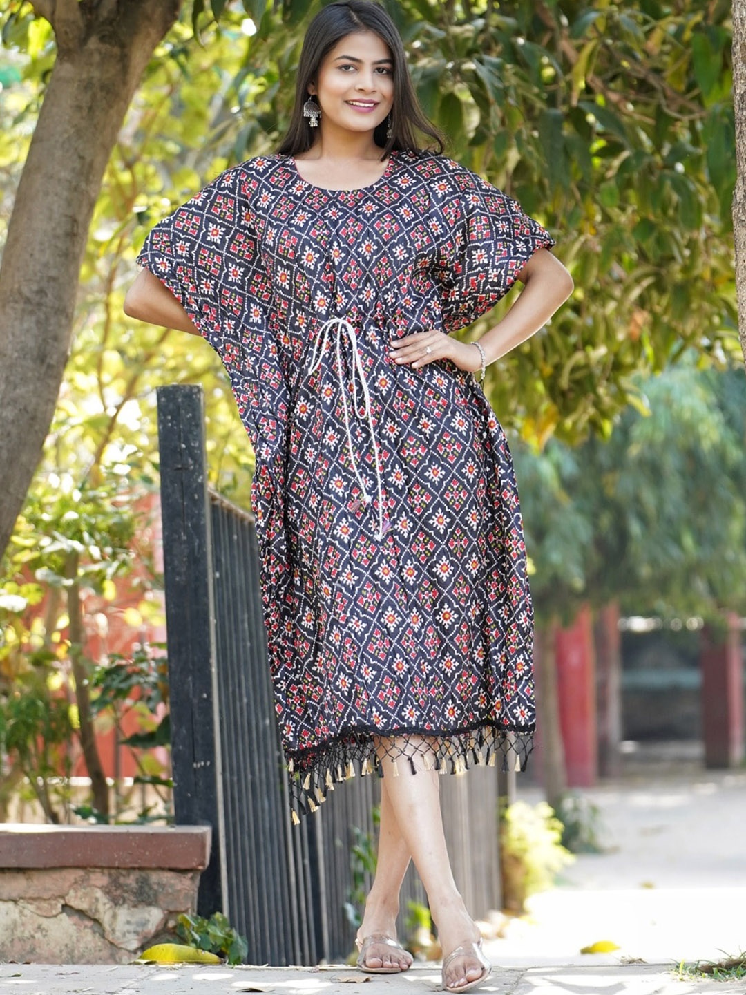 

Kesarya Ethnic Motif Printed Kimono Sleeves Pure Silk Kaftan Kurta, Black