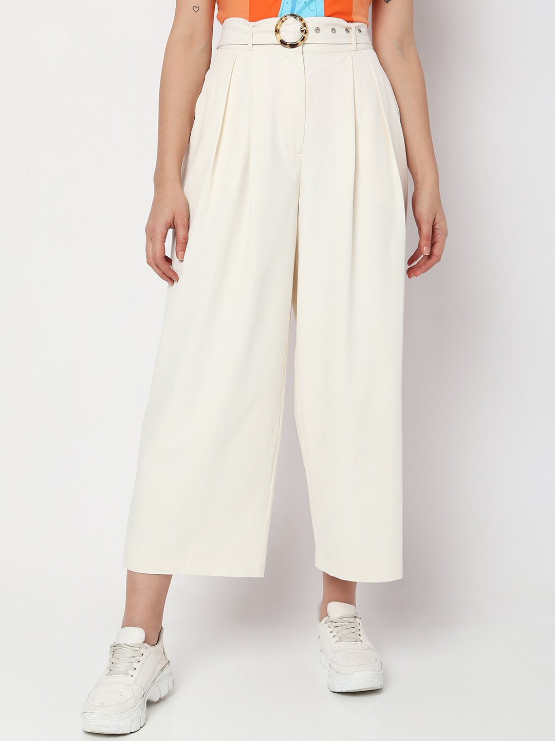 

Vero Moda Women Straight Fit High-Rise Pleated Trousers, Beige