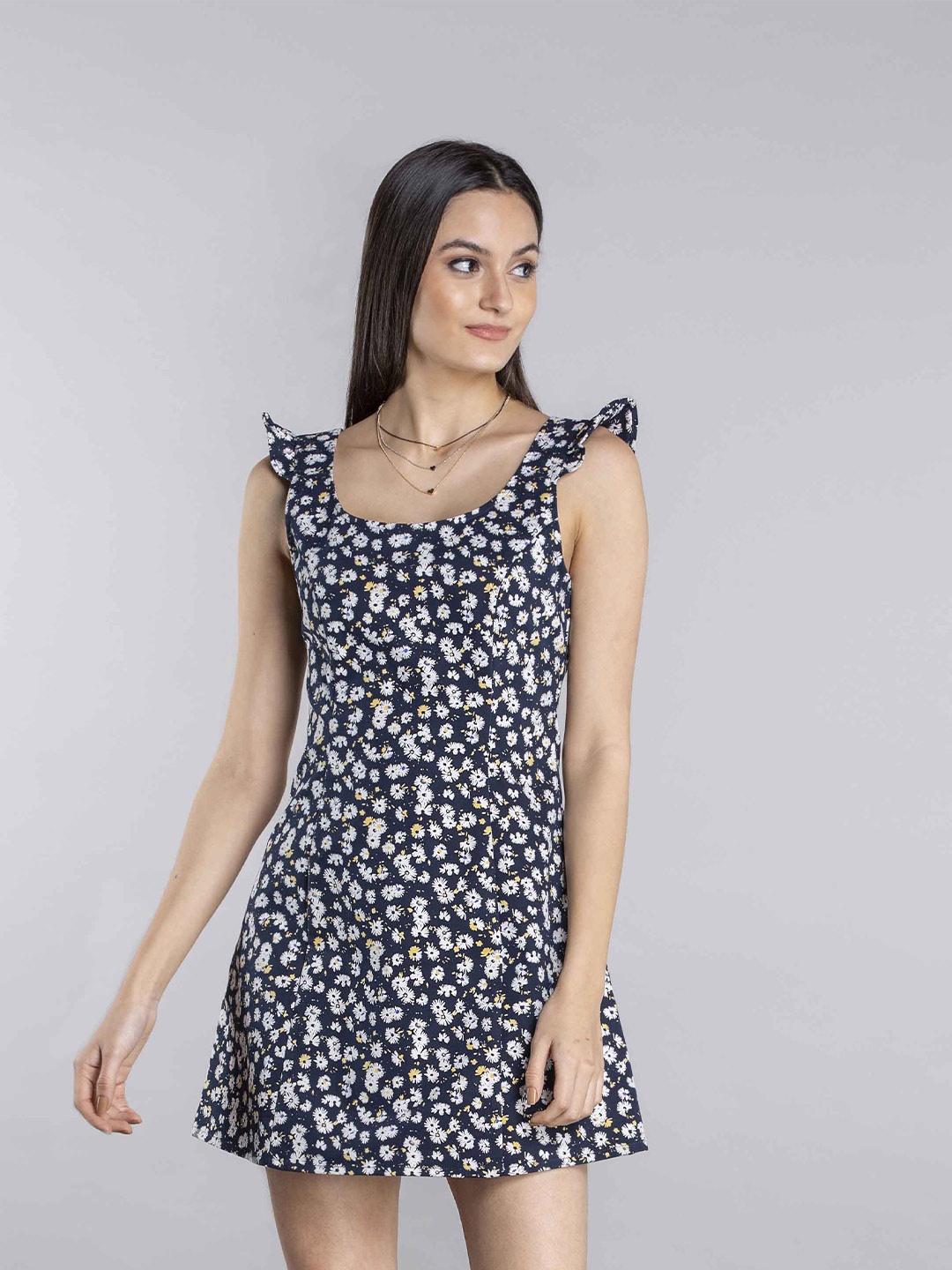 

MKOAL Floral Printed A-Line Cotton Mini Dress, Navy blue