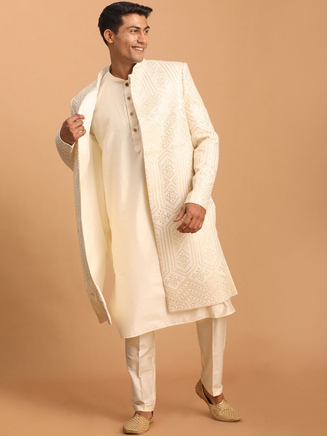

Shrestha By Vastramay Cotton Embroidered Sherwani Set, Cream