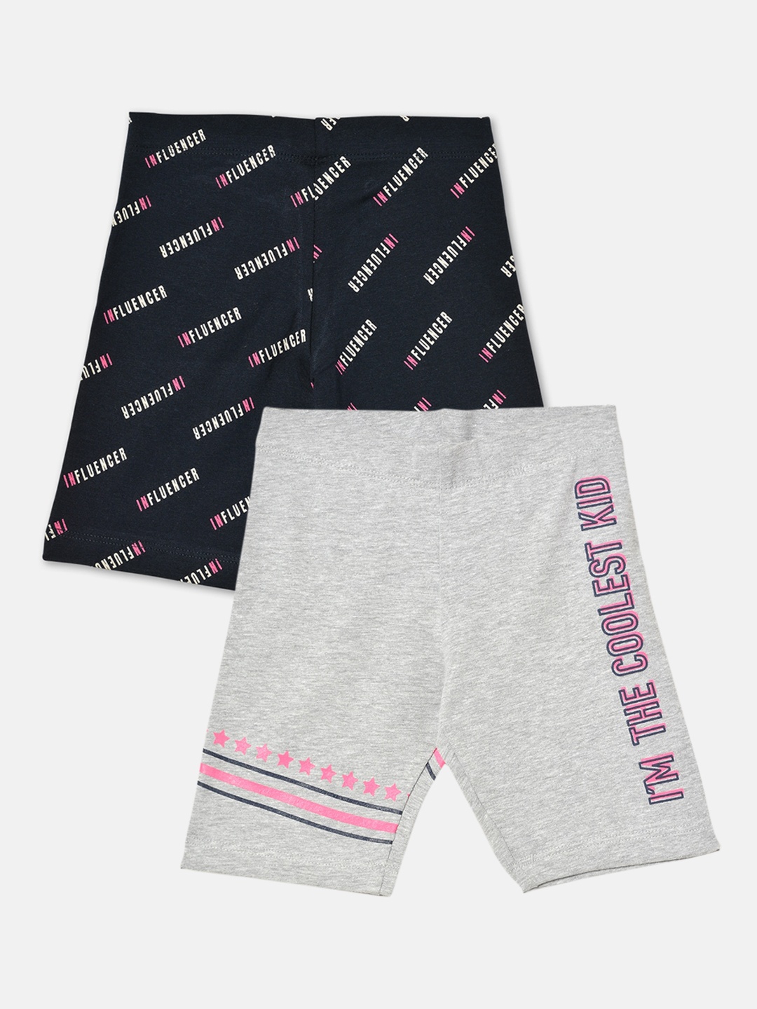 

R&B Girls Pack Of 2 Typography Printed Cotton Shorts, Grey