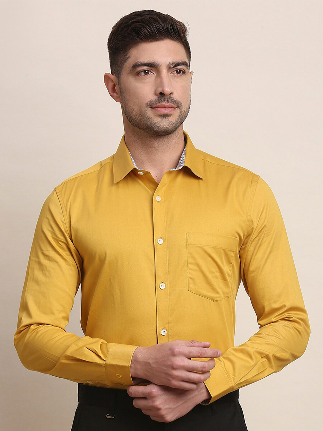 

INVICTUS Slim Fit Spread Collar Pure Cotton Formal Shirt, Yellow
